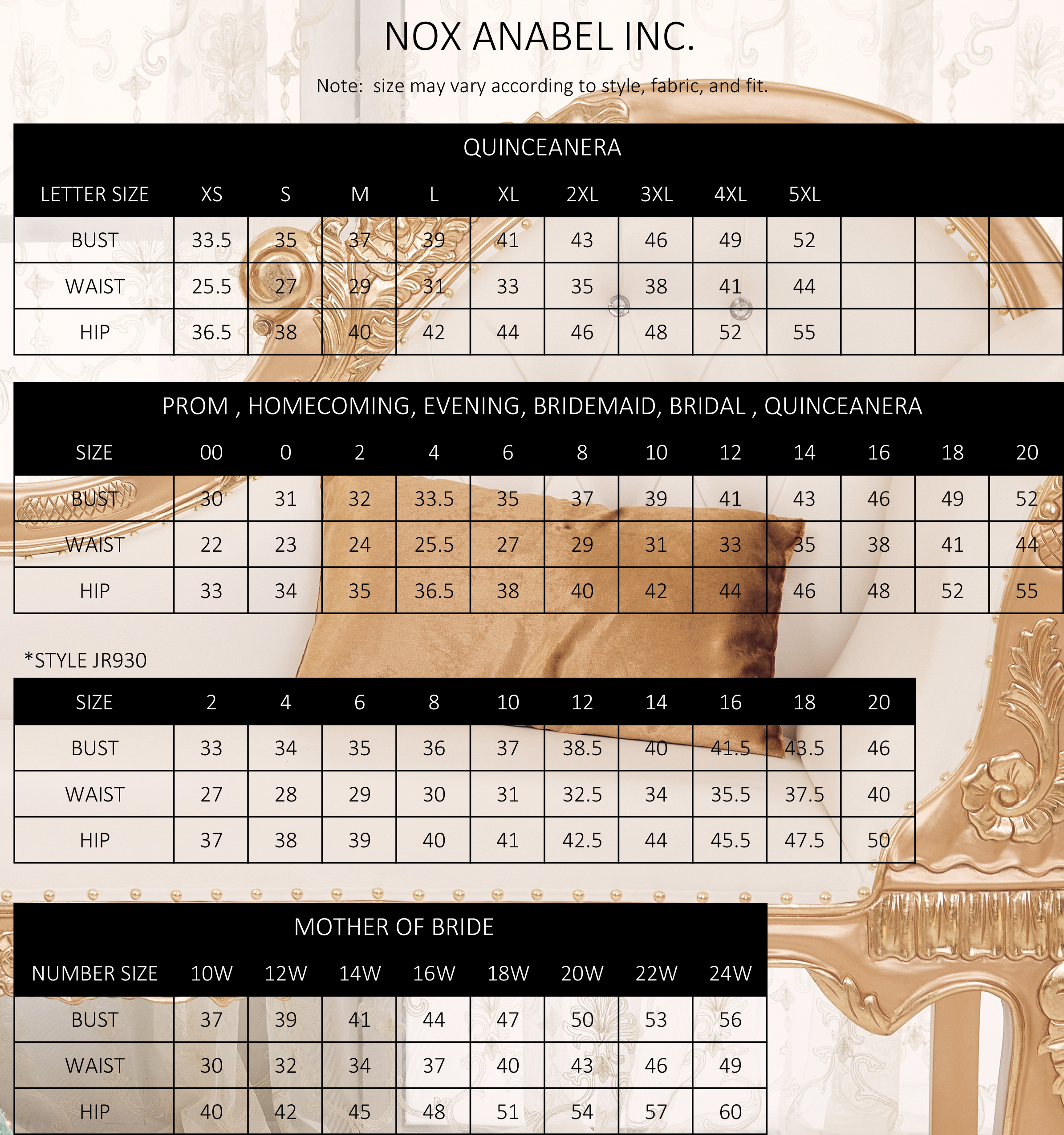 Noxadel Size Chart | CACHE THE HOUSE OF DRESSES